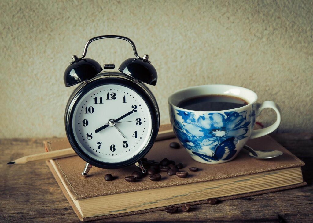 coffee cup and a clock