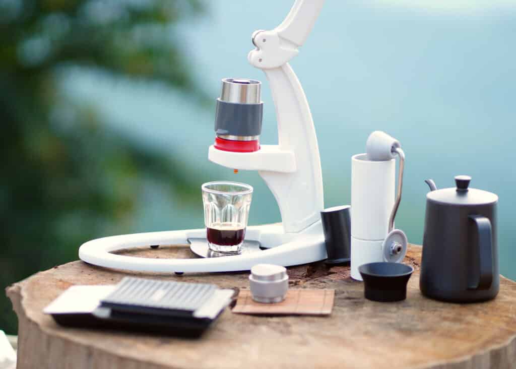 using flair lever espresso maker outdoors