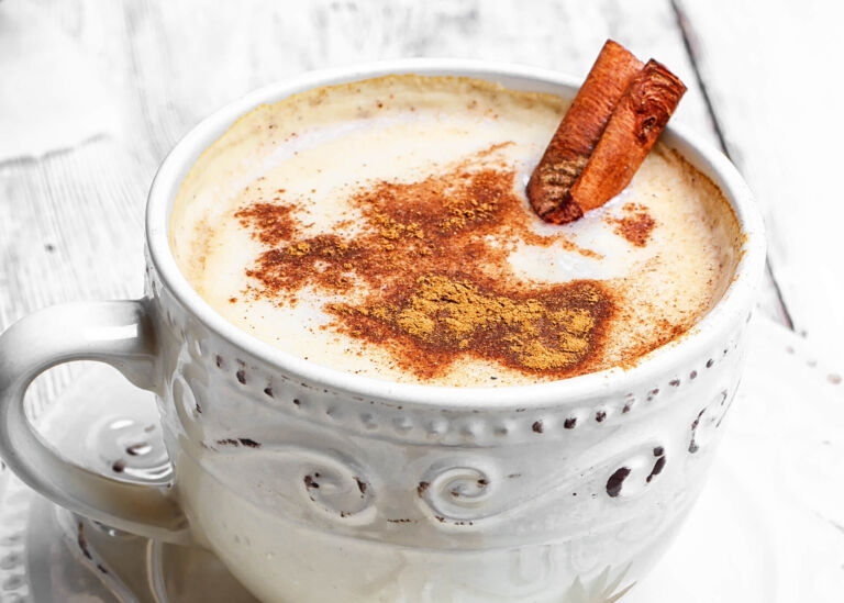 french toast latte with a cinnamon stick