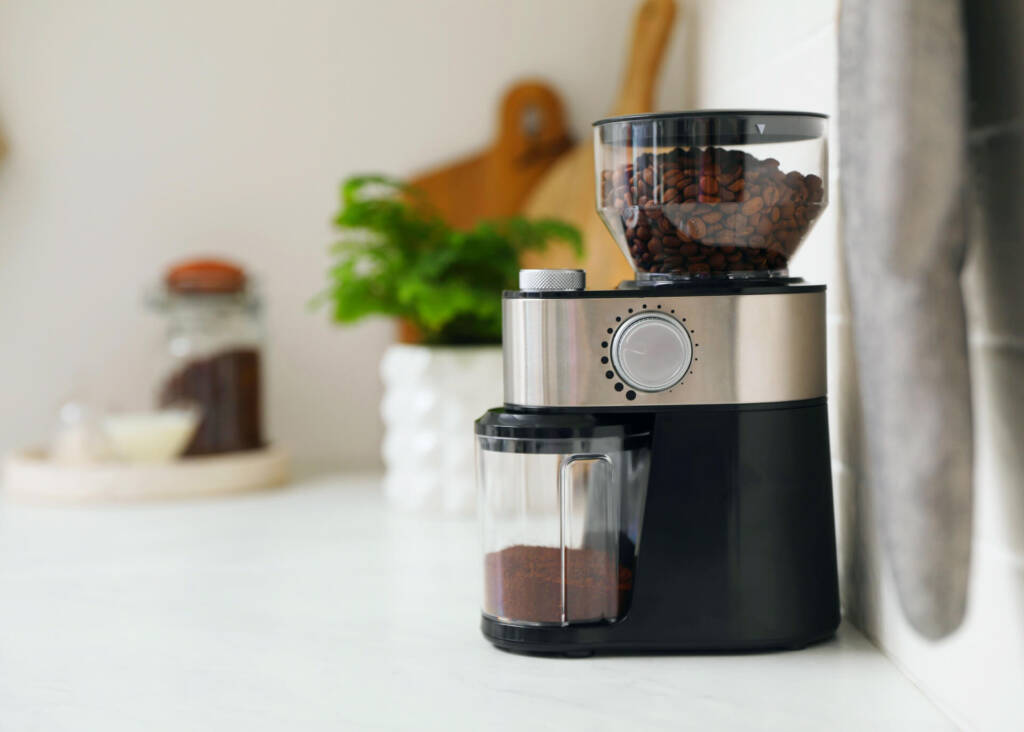 burr coffee grinder on kitchen counter